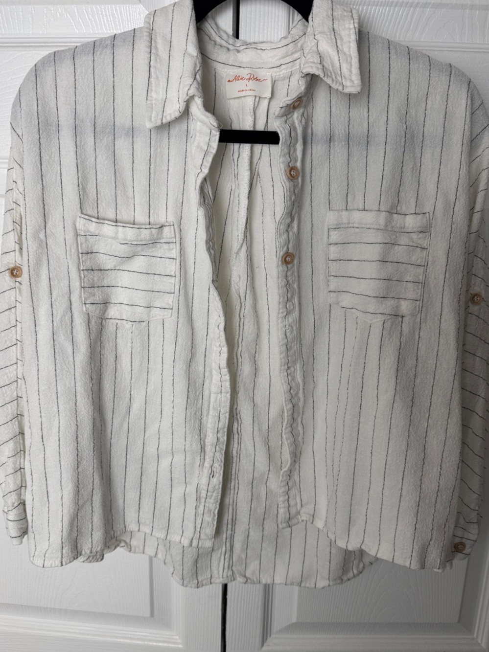 Lightweight White Button-Down Shirt with Thin Black Stripes